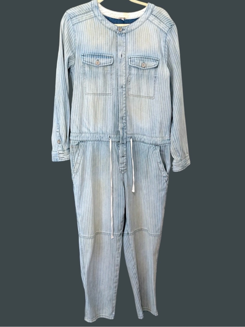 Free People Light Blue Striped Denim Jumpsuit